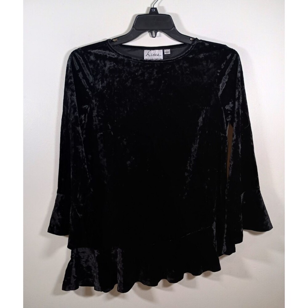 Linea Louis Dell'Ollio Velvet Asymmetrical Flutter Sleeves Black Top Size Small